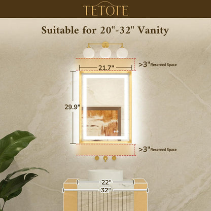 22 x 30 Bathroom LED Mirror Brushed Gold Metal Frame Frontlit & Backlit Vanity Mirror Anti-Fog Stepless Dimmable 3 Colors White/Warm/Natural Mirror with Lights Wall-Mounted