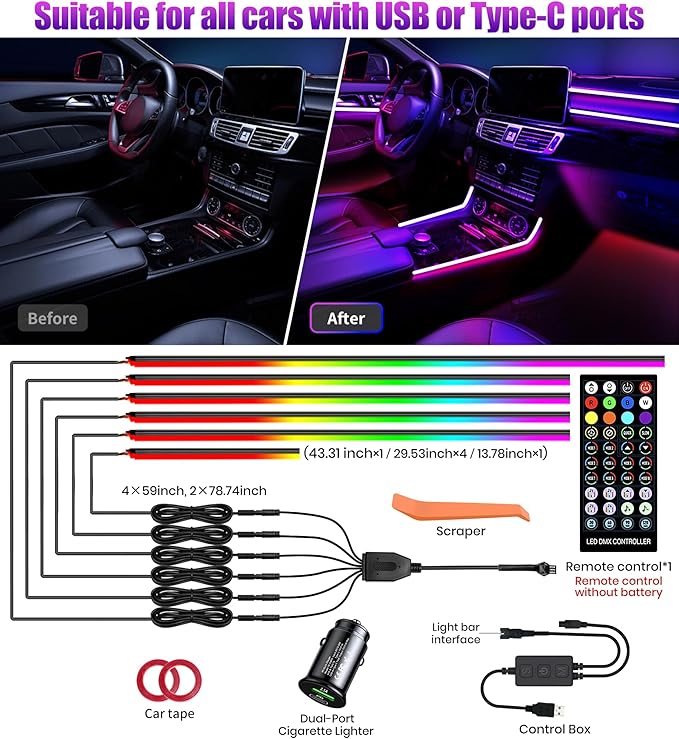 KENANEK 175’’ Acrylic Car Ambient Lighting Kit – 6 RGB LED Light Strips - Image 2