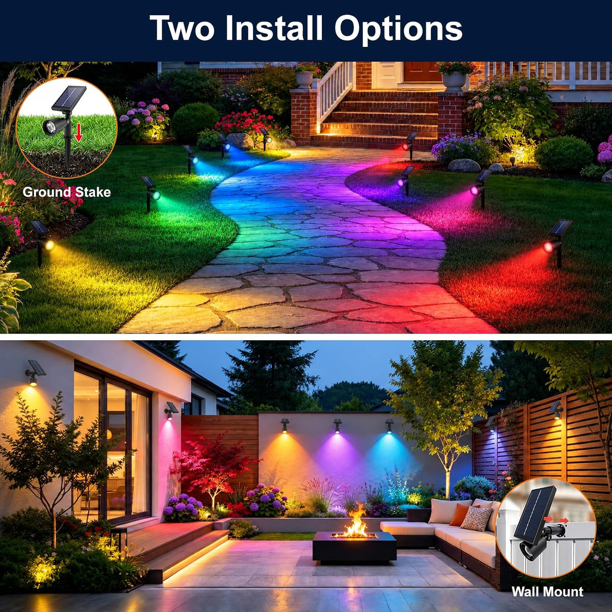 Solar Spot Lights Outdoor Waterproof,8 Modes RGB Halloween Spotlights 6Pack