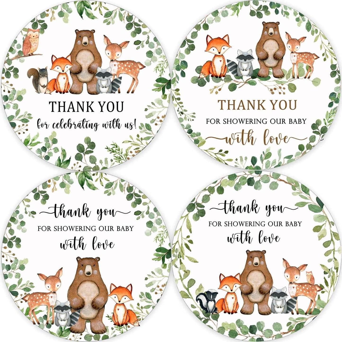 80 Woodland Thank You Favor Stickers, 2" Forest Animals Baby Shower Sticker | Woodland Baby Shower Party Decorations