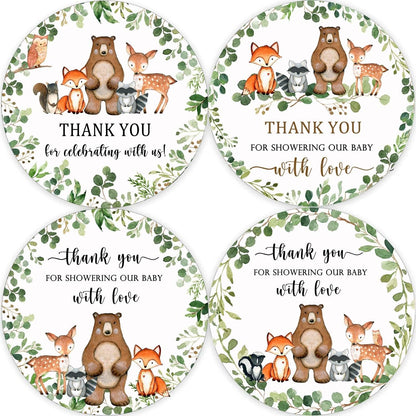 80 Woodland Thank You Favor Stickers, 2" Forest Animals Baby Shower Sticker | Woodland Baby Shower Party Decorations