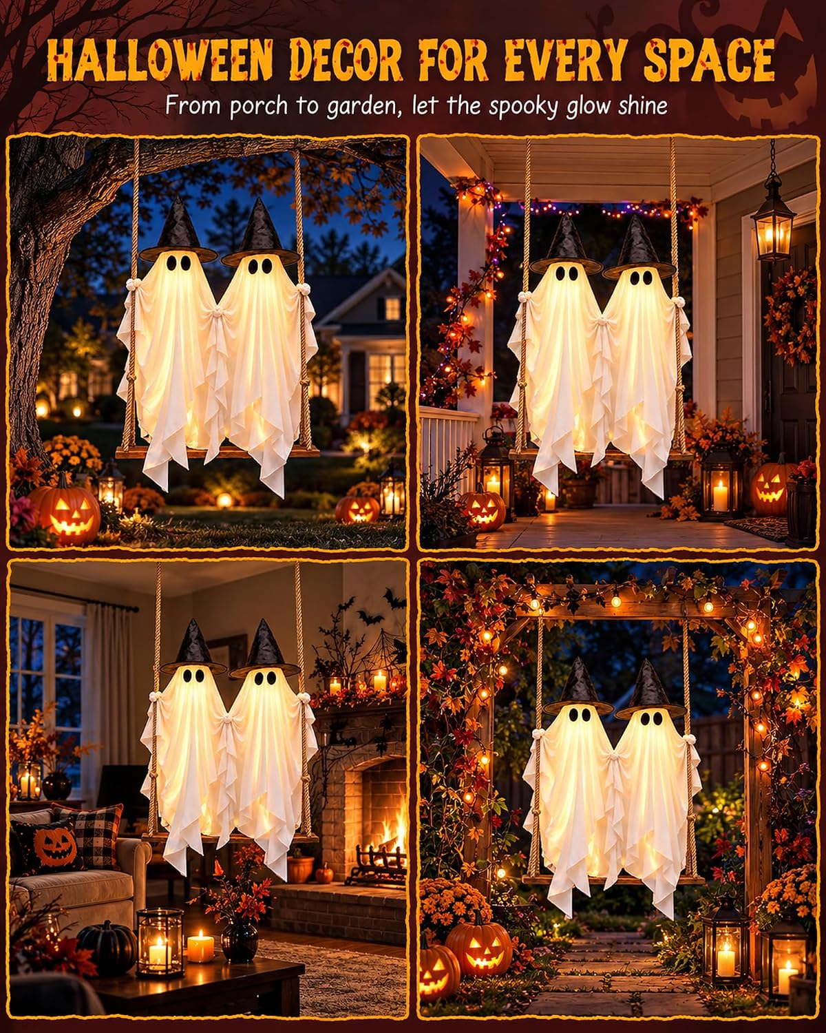 Evoio Halloween Swinging Ghost Outdoor Decor, Two 5FT Ghosts on a Swing, Ligh...