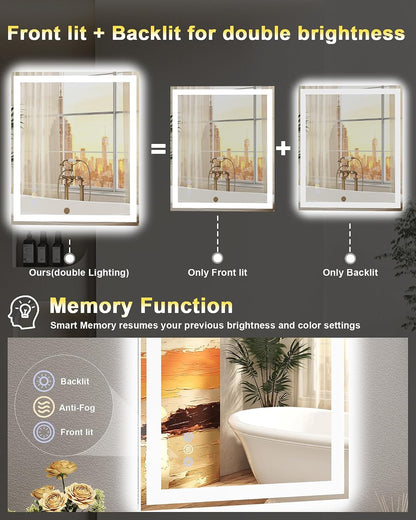 24x30 LED Bathroom Mirror, 6000LM, Separate Front and Back Lights | UL Certified,Shatter-Resistant Tempered Glass,Auto-Off Defogger,3 Color Modes,Smooth Dimming,Smart Memory Setting