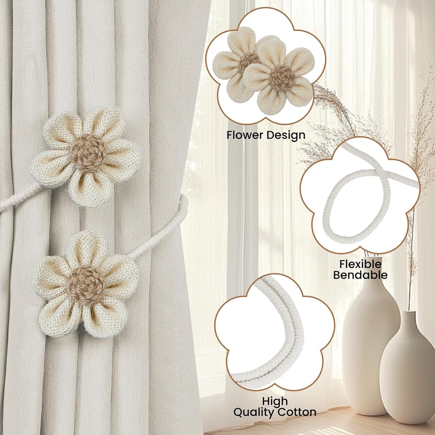 KLOGTSIND Flower Curtain Tiebacks, Decorative Curtain Holdbacks No Drill | 2 Pack Boho Curtain Ties, Elegant Curtain Holders Twist Tie Backs for Bedroom Decor, Nursery Decor, Farmhouse Decor