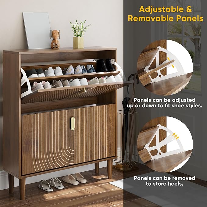 Smuxee Shoe Cabinet with 2 Flip Drawers, 31.5" Walnut Hidden Shoe Storage - Image 4