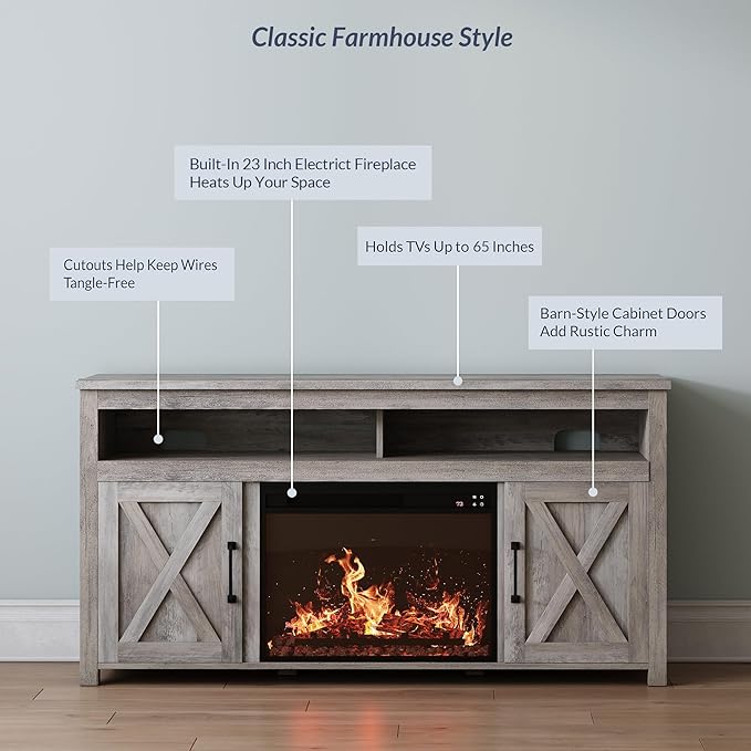 BELLEZE Barn Door Wood Electric Fireplace TV Stand - Image 3