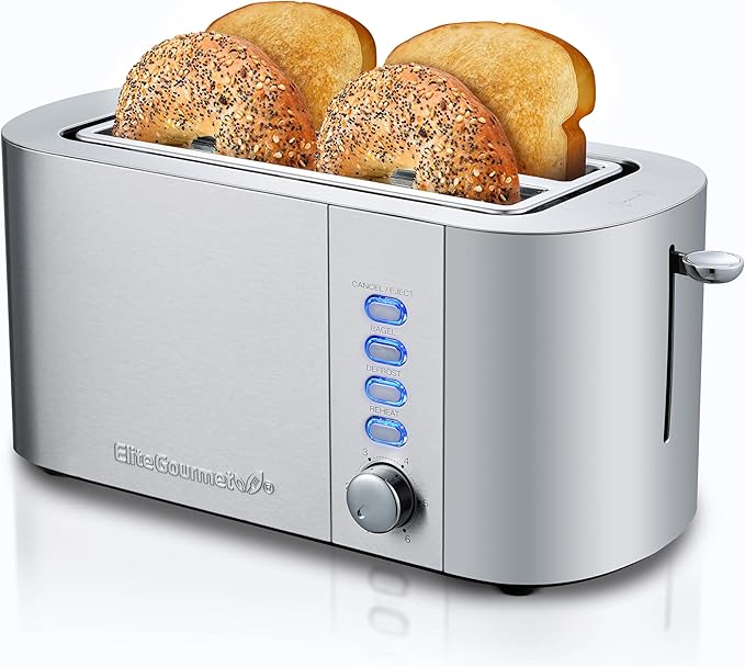 Elite Gourmet ECT4123 Long Slot 4 Slice Toaster, Extra Wide 1.5" and 5.1" Deep by EliteGourmet