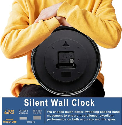 HITO 10 Inch Silent Wall Clock Battery Operated Non Ticking Glass Cover Silver - Image 4