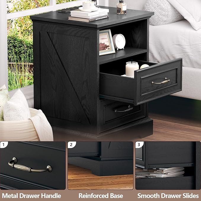 Nightstand with Charging Station, Rustic Farmhouse Wood Small Dresser, Bedside - Image 5