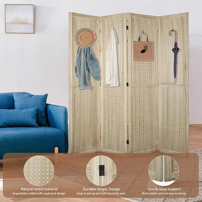 ECOMEX 4 Panel Room Divider, 5.6Ft Pegboard Display Wooden Room Divider Folding - Image 4