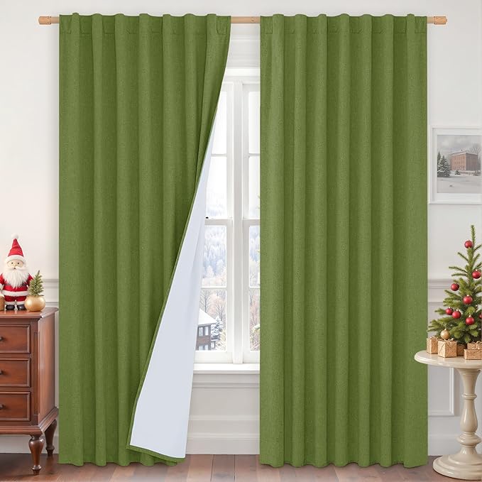 LAMIT Olive Green 100% Blackout Linen Curtains, 84 Inch Linen Textured Living by LAMIT