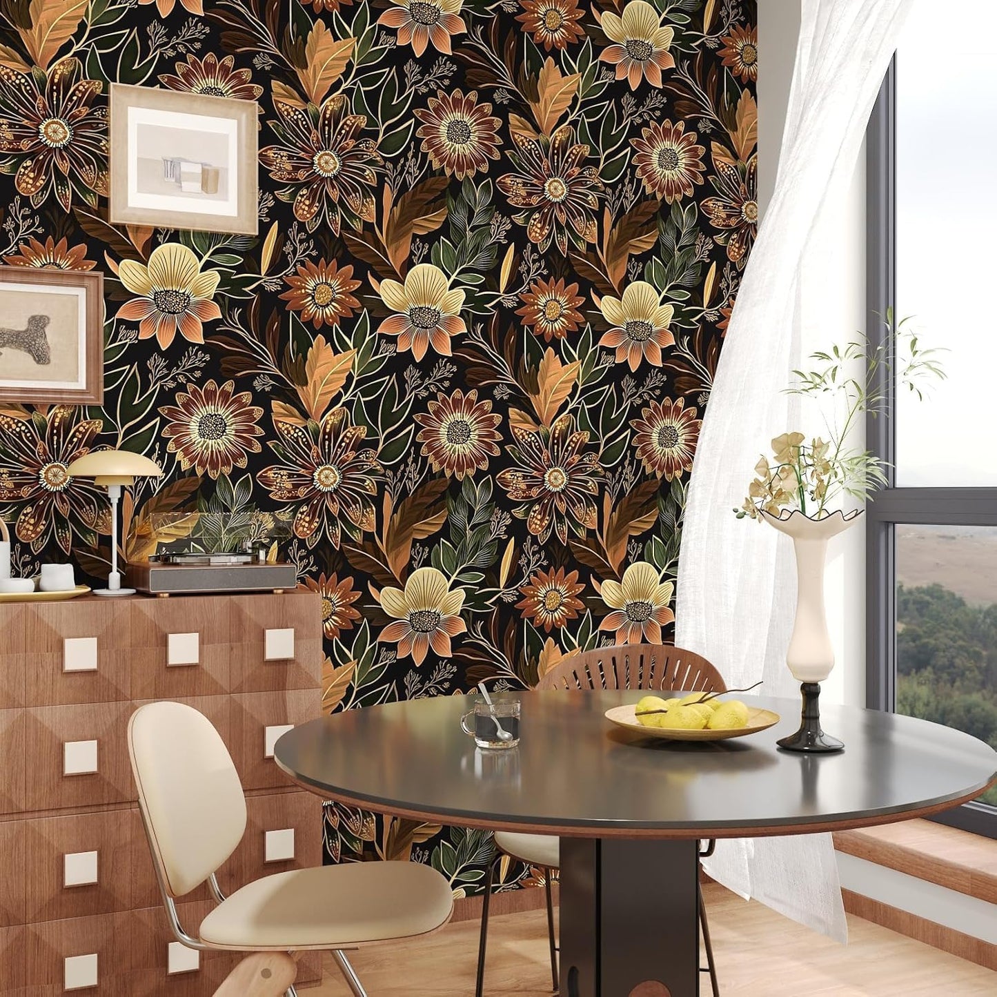 Boho Dark Black Gold Floral Wallpaper Peel and Stick 17.5"x393" | Self Adhesive/Removable/Waterproof/Thick Vinyl Contact Paper for Bathroom Bedroom Shelf Cabinet Drawer,Prepasted,Easy Peel