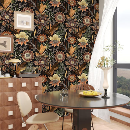 Boho Dark Black Gold Floral Wallpaper Peel and Stick 17.5"x393" | Self Adhesive/Removable/Waterproof/Thick Vinyl Contact Paper for Bathroom Bedroom Shelf Cabinet Drawer,Prepasted,Easy Peel