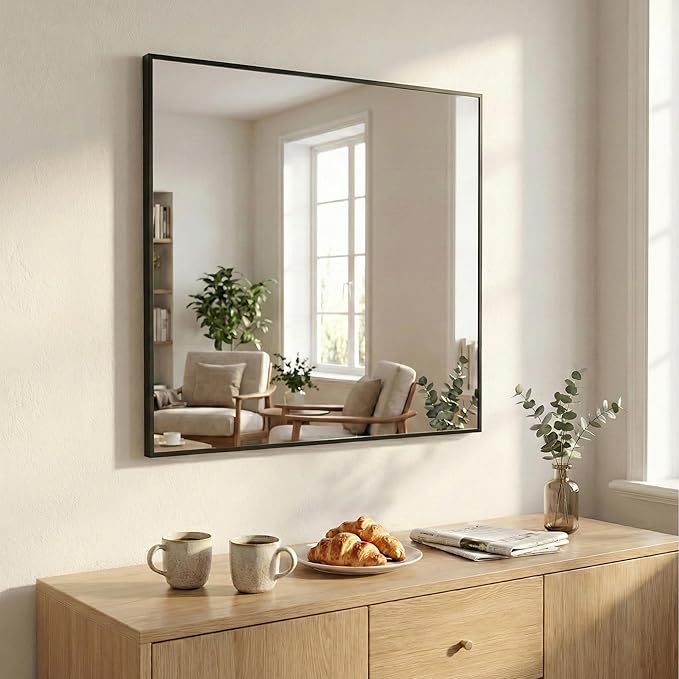 36''x36'' Large Black Square Mirror, Matte Metal Framed Bathroom Vanity Mirror - Image 8