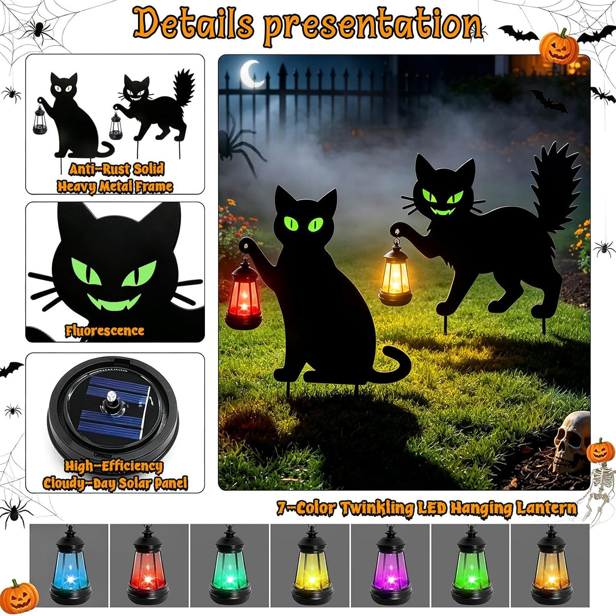 Halloween Spooky 2 Types Black Cat Yard Signs with Lantern(2PCS)