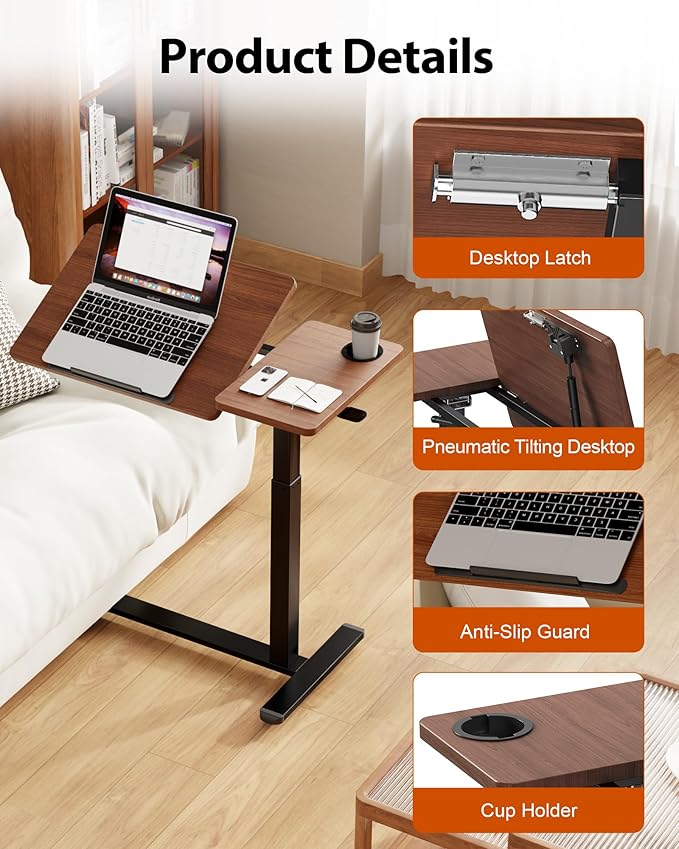 Overbed Table with Wheels, Pneumatic Height Adjustable Overbed Bedside Table - Image 6