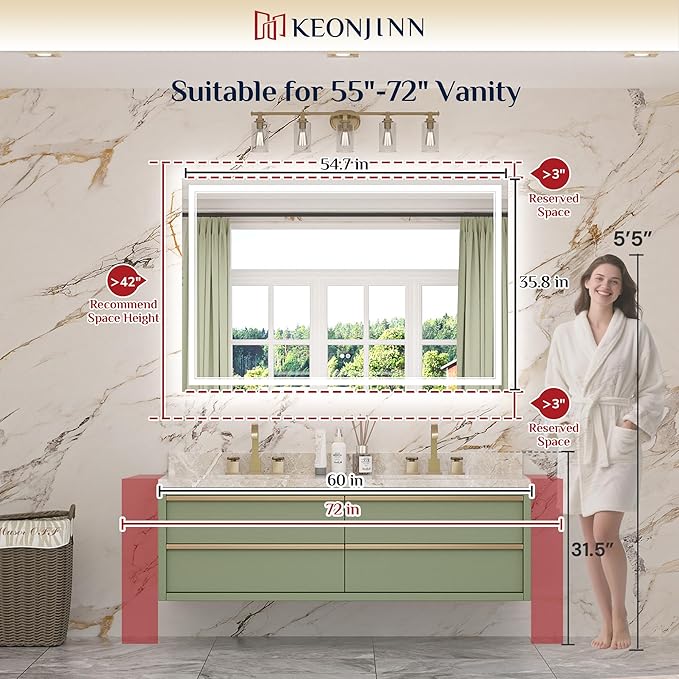 Keonjinn 55" x 36" LED Mirror, Frontlit & Backlit Bathroom Mirror, Tempered - Image 2