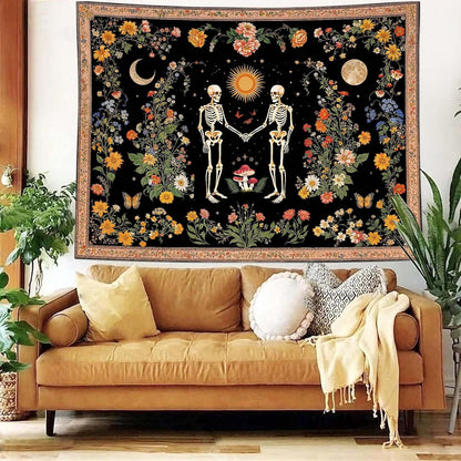 Wegklazax Skull Moon and Flowers Tapestry, Bohemian Hippie Gothic Wall Hanging for Room Decor, Mystical Altar Home Decor 60L x 44W