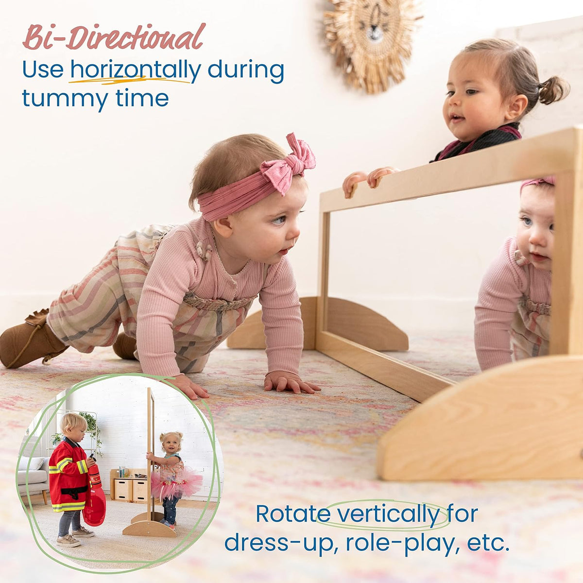ECR4Kids Double-Sided Wooden Bi-Directional Mirror, Montessori, Natural | Durable birch, GREENGUARD Gold Certified, shatter-resistant mirror, anti-tip feet, vertical & horizontal use, classroom/home