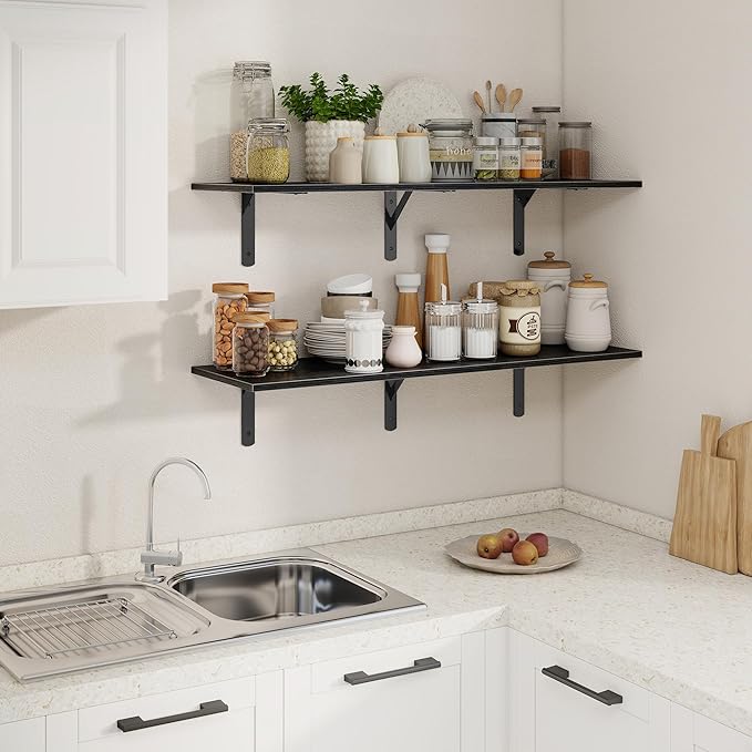Black Floating Shelves 40"W x 12"D, Deep Wall Shelves - Image 2