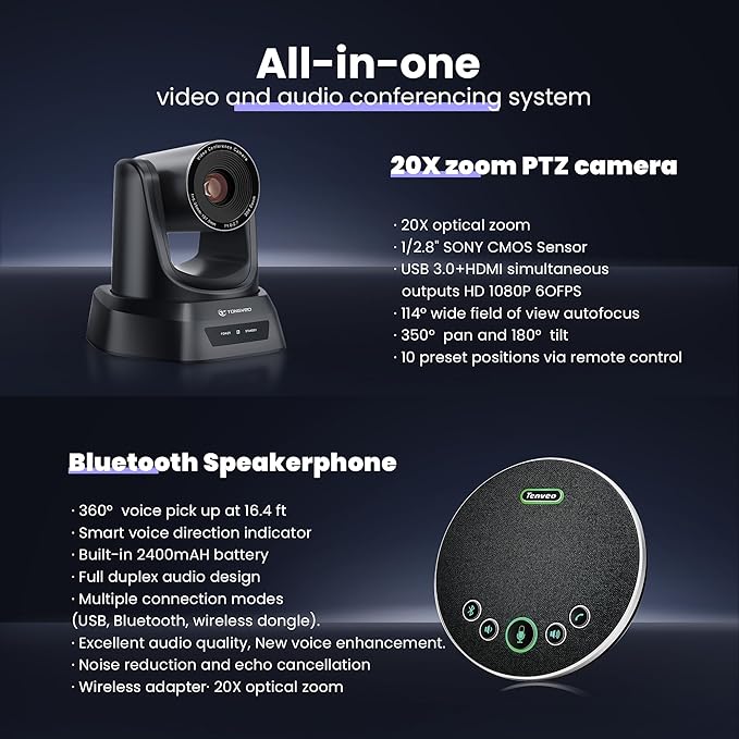 TONGVEO HDMI 20X Optical Zoom PTZ Conference Room Camera System, 1080P 60fps - Image 5