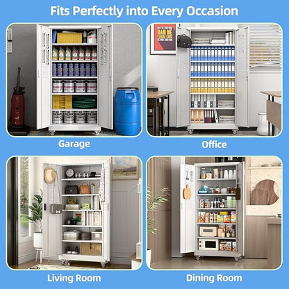 Garage Storage Cabinet with Wheels and Pegboard, Metal Storage Cabinet with 5 - Image 8