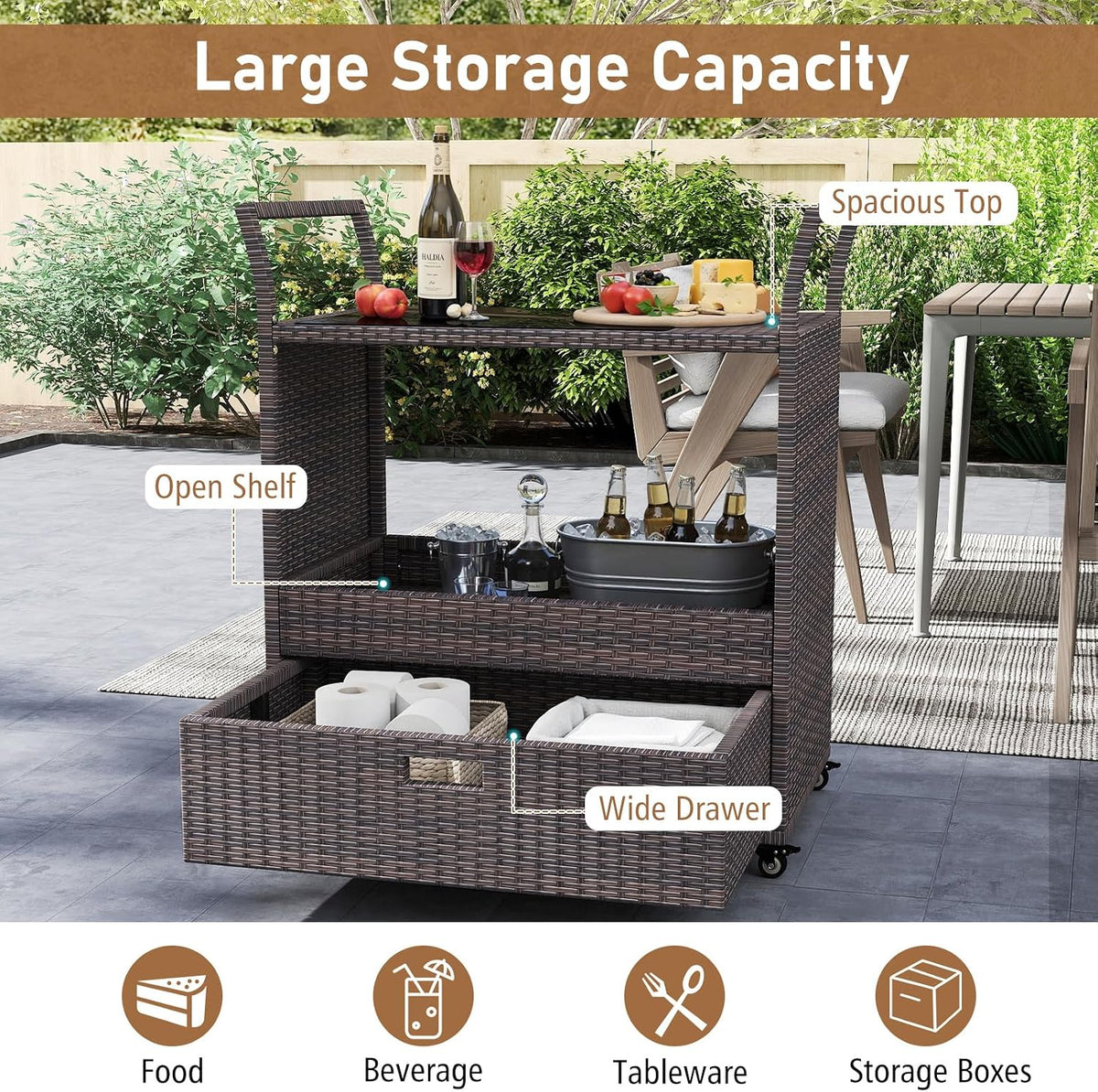 Tangkula Rolling Rattan Bar Cart,Bar Counter Table with Tempered Glass Top