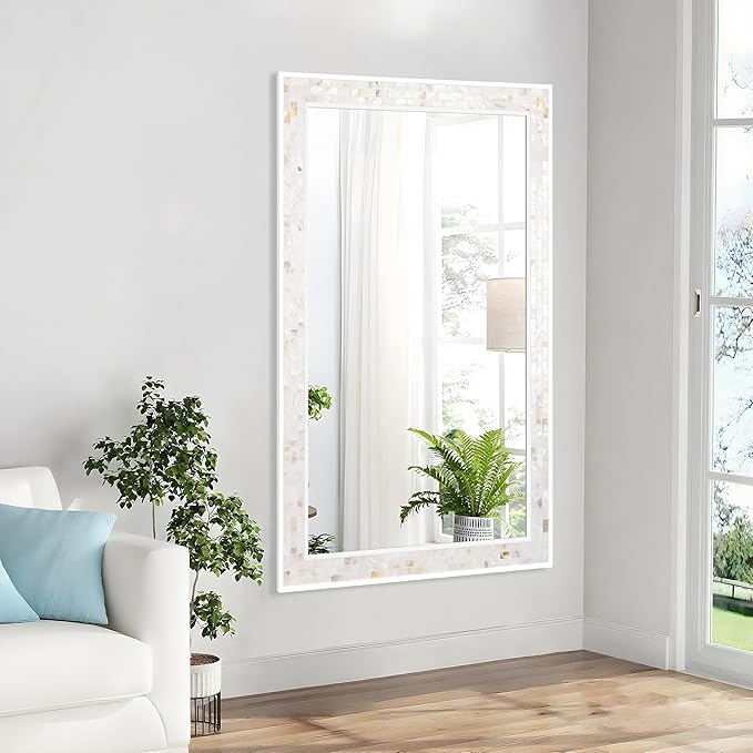 Tanmicoshomy 30 x 48 Inch White Bathroom Mirror, Natural Shell Framed - Image 5