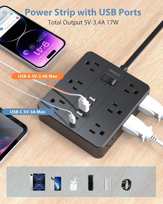 Power Strip Flat Plug with 12 Outlets 6 USB, SMNICE Surge Protector Charging - Image 5
