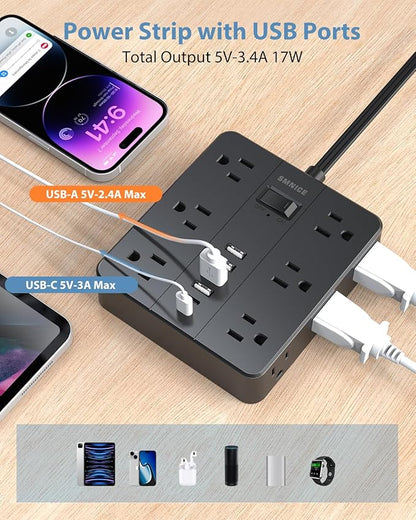 Power Strip Flat Plug with 12 Outlets 6 USB, SMNICE Surge Protector Charging - Image 5