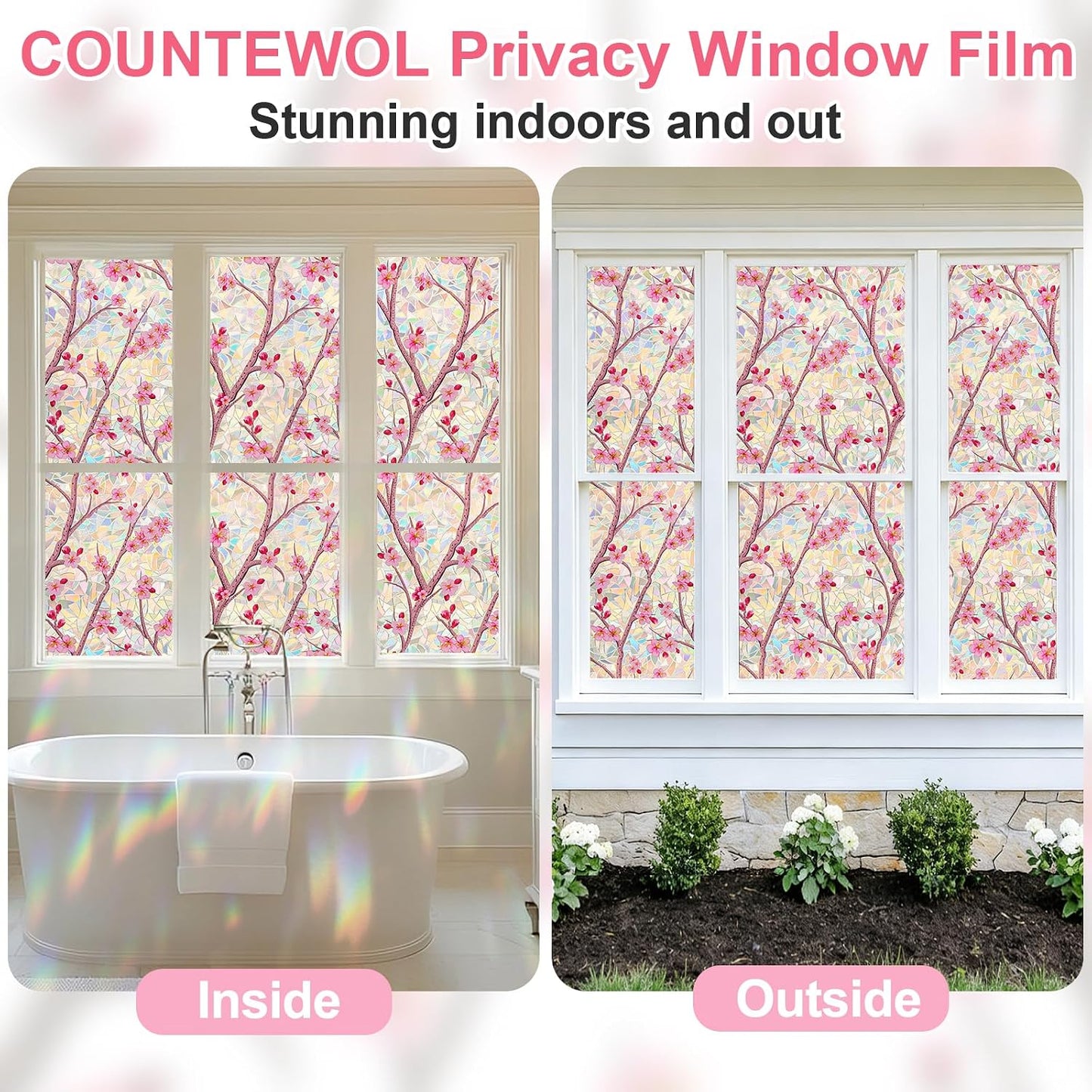 Countewol Stained Glass Privacy Window Film Static Cling Window Film Anti-Glare UV Protection Removable Decorative Window Clings for Home（Rainbow Sakura 78.7" L*17.5" W