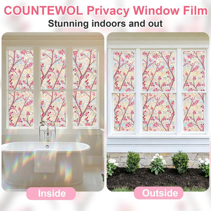 Countewol Stained Glass Privacy Window Film Static Cling Window Film Anti-Glare UV Protection Removable Decorative Window Clings for Home（Rainbow Sakura 78.7" L*17.5" W