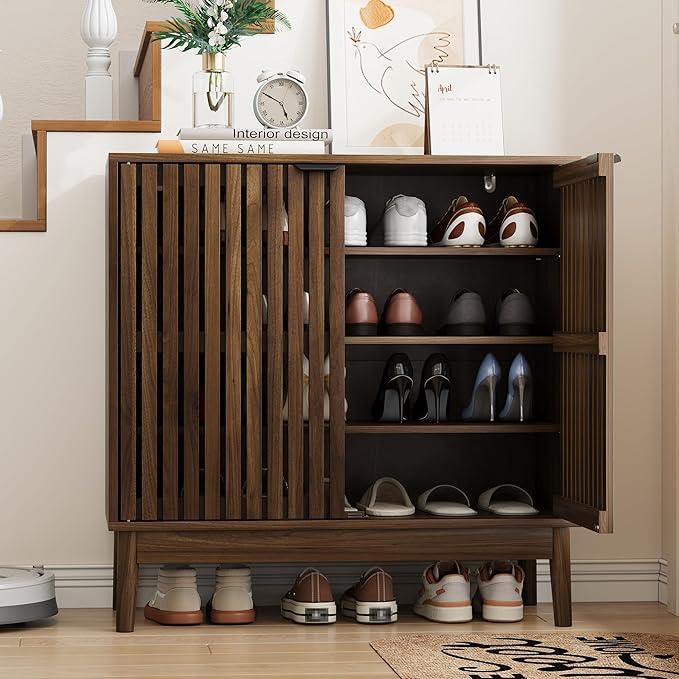Shoe Cabinet with Slatted Doors, 4-Tier Freestanding Shoe Cabinet Storage - Image 4