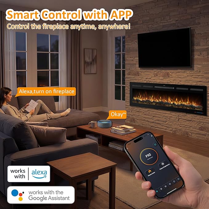 95 Inch WiFi-Enabled Recessed Electric Fireplace Inserts - Image 7
