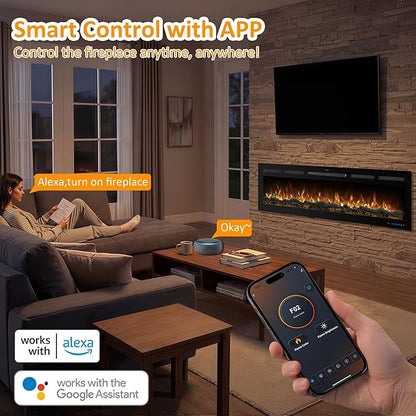 60 Inch WiFi-Enabled Recessed Electric Fireplace Inserts - Image 4
