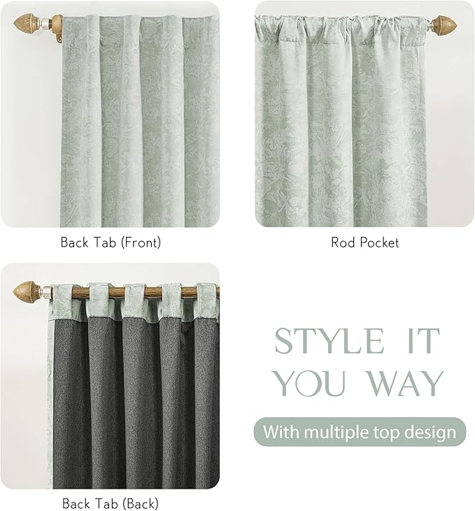 Beauoop Green Floral Jacquard Blackout Curtains 90 Inches Long 2 Panels - Image 5