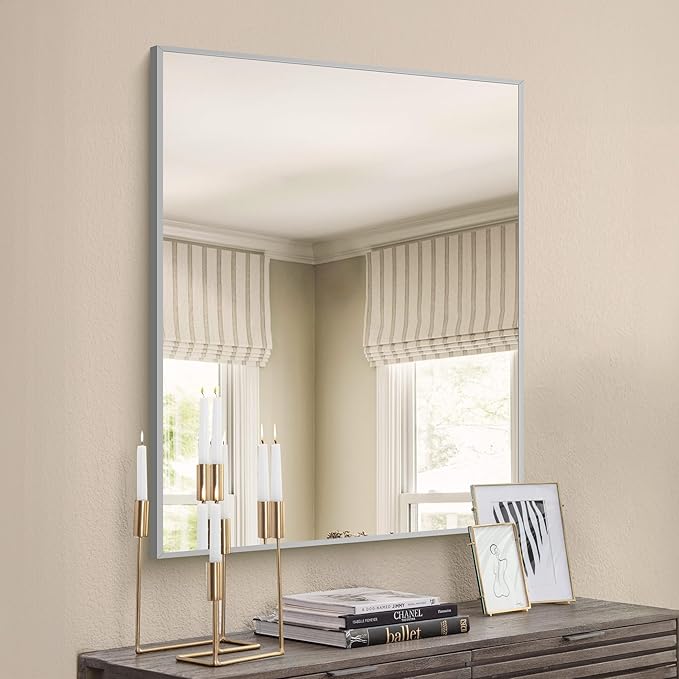 30x40In Silver Bathroom Mirror for Wall, Brushed Nickel Rectangle Mirrors - Image 2