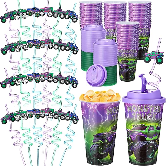 Yungyan 36 Sets Green Purple Monster Truck Party Favors Goodie Cups with Lids...