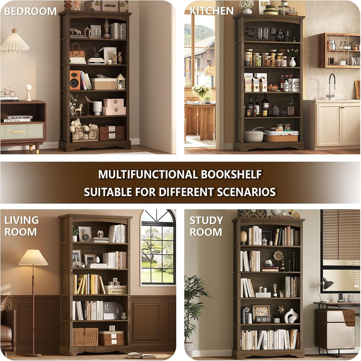 TVU 5-Tier Wooden Bookshelf, 31.5" W x 65" H ×9.9" D Bookshelf...