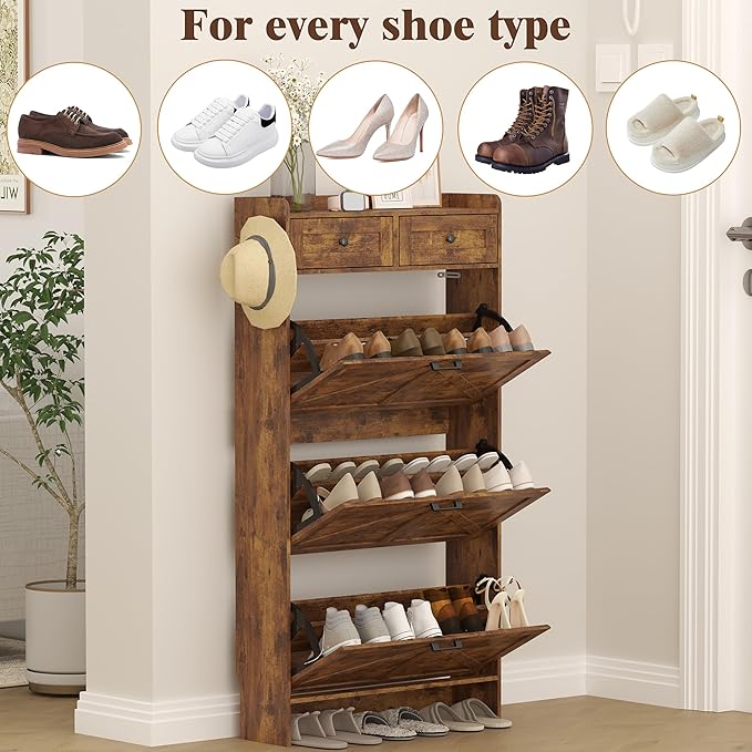 Shoe Cabinet with 3 Flip Drawers & 2 Storage Drawers, Rustic Farmhouse Narrow - Image 8