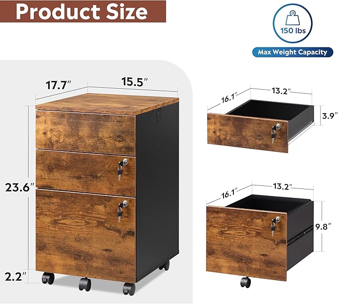 DEVAISE 3 Drawer Rolling File Cabinet - Image 3