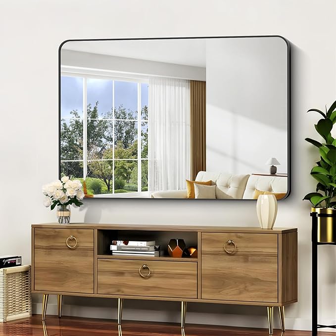 Bathroom Mirror, 48x36 inch Black Rectangle Wall Mirror, Metal Frame Rounded - Image 7