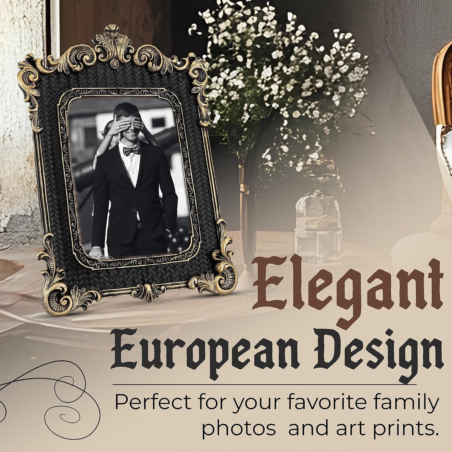 5x7 Picture Frame - Gothic Vintage European Design, Antique Baroque Style Photo Frame for Wall Hanging, Tabletop Display, and Home Decor (Black)