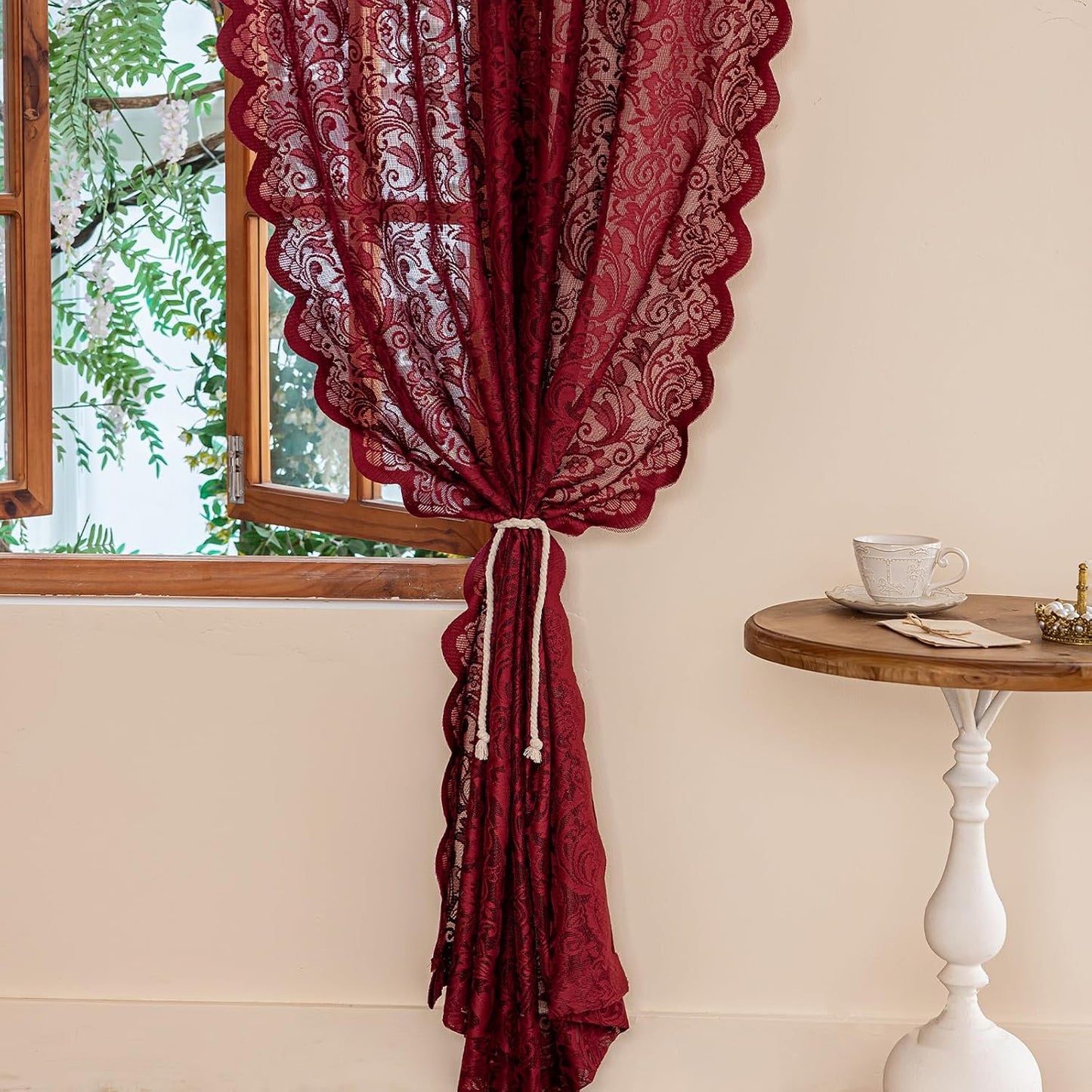 ALIGOGO Burgundy Sheer Curtains 63 Inch Length 2 Panels, Victorian Floral Red Lace Curtains for Bedroom, Embroidered Privacy Rod Pocket Scalloped Burgundy Home Décor, 52W x 63L Inch, Dark Red