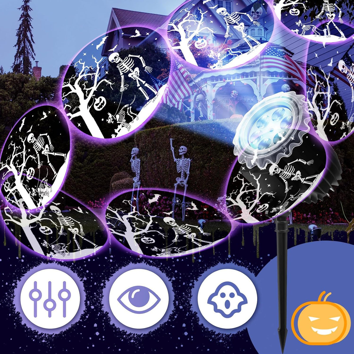 Halloween Projector Light with LED Film Slides, Skeletons and Dogs