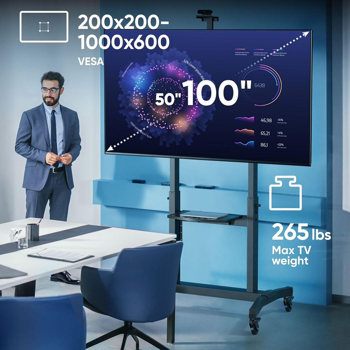 onkron mobile tv stand 50-100 inch, up to shown in use