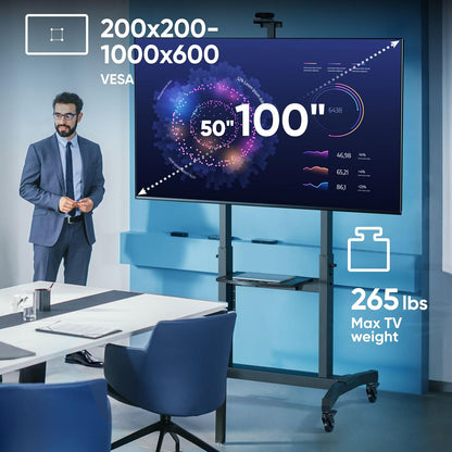 onkron mobile tv stand 50-100 inch, up to shown in use