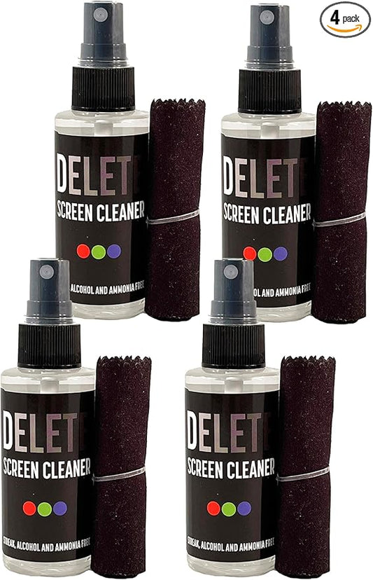 Delete Screen Cleaner Spray Kit, 4 Pack, 2oz Bottle and 12"x12" Microfiber by DELETE