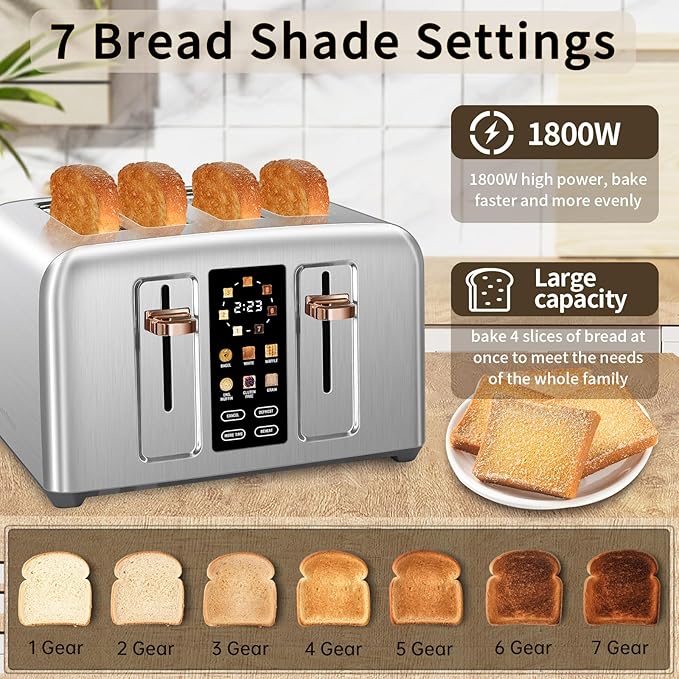SEEDEEM Toaster 4 Slice, Stainless Toaster & Touch Control, LCD Display - Image 3