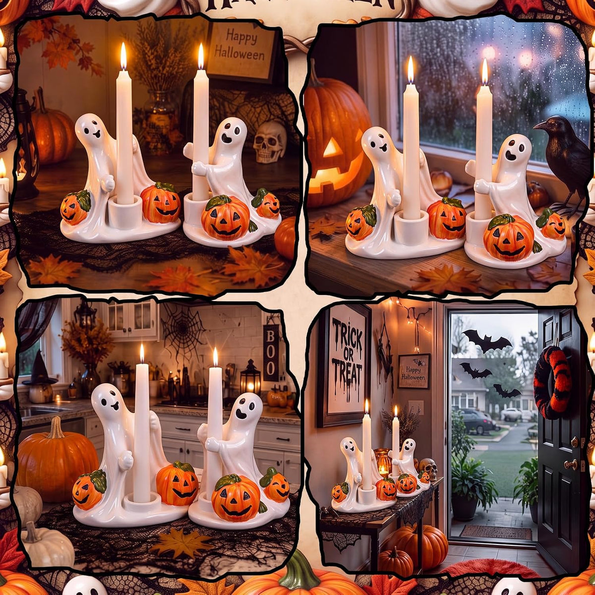 Vesici 2 Pcs Halloween Pumpkin and Ghost Candle Holder for Centerpieces